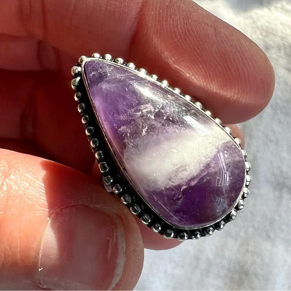 925 Crown Chakra Amethyst Teardrop Ring 8 - Picture 6 of 9